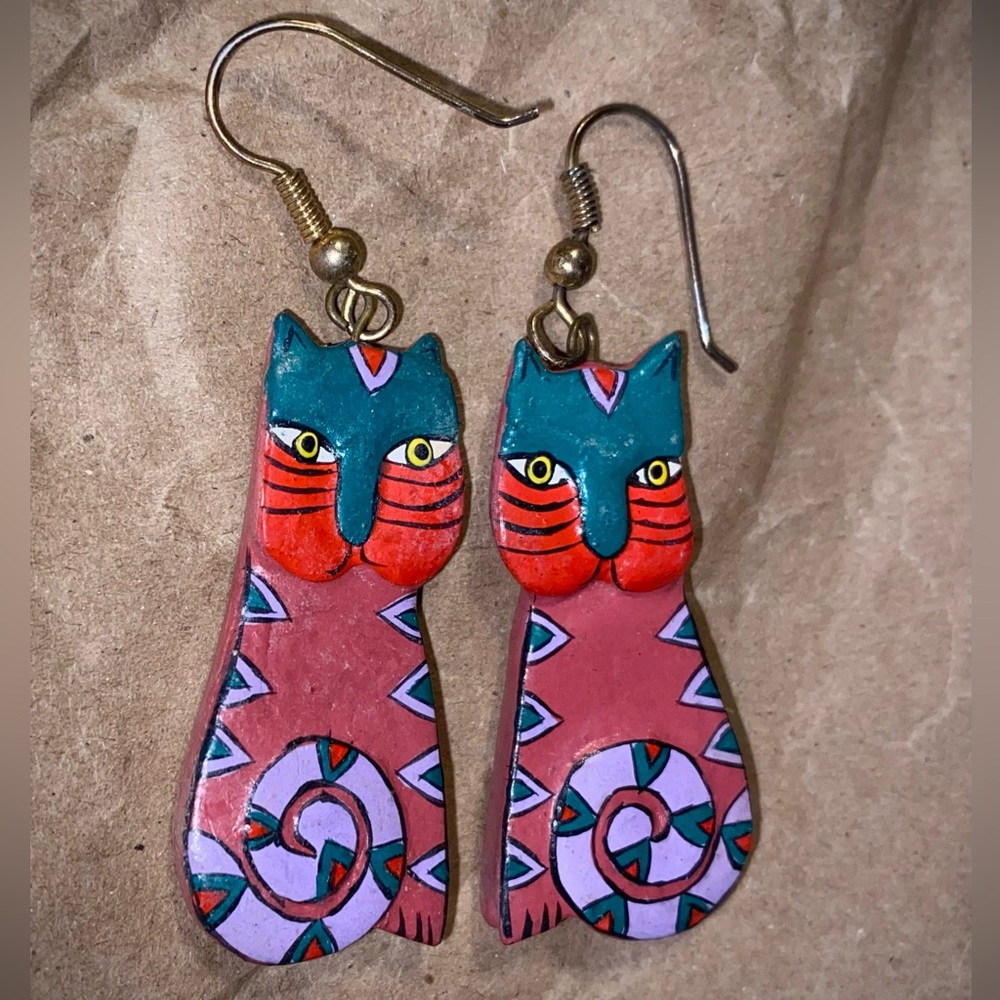 Vtg Laurel Burch Hand Carved Wooden Cat Earrings